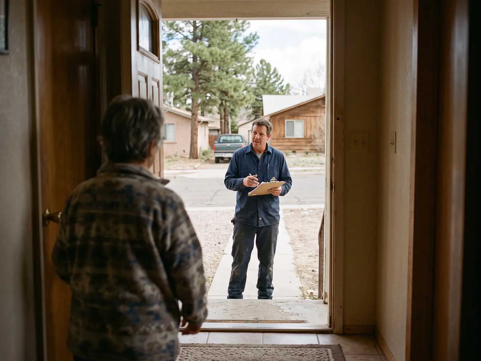 A Prescott Plumbing technician talking with a homeowner at their front door
