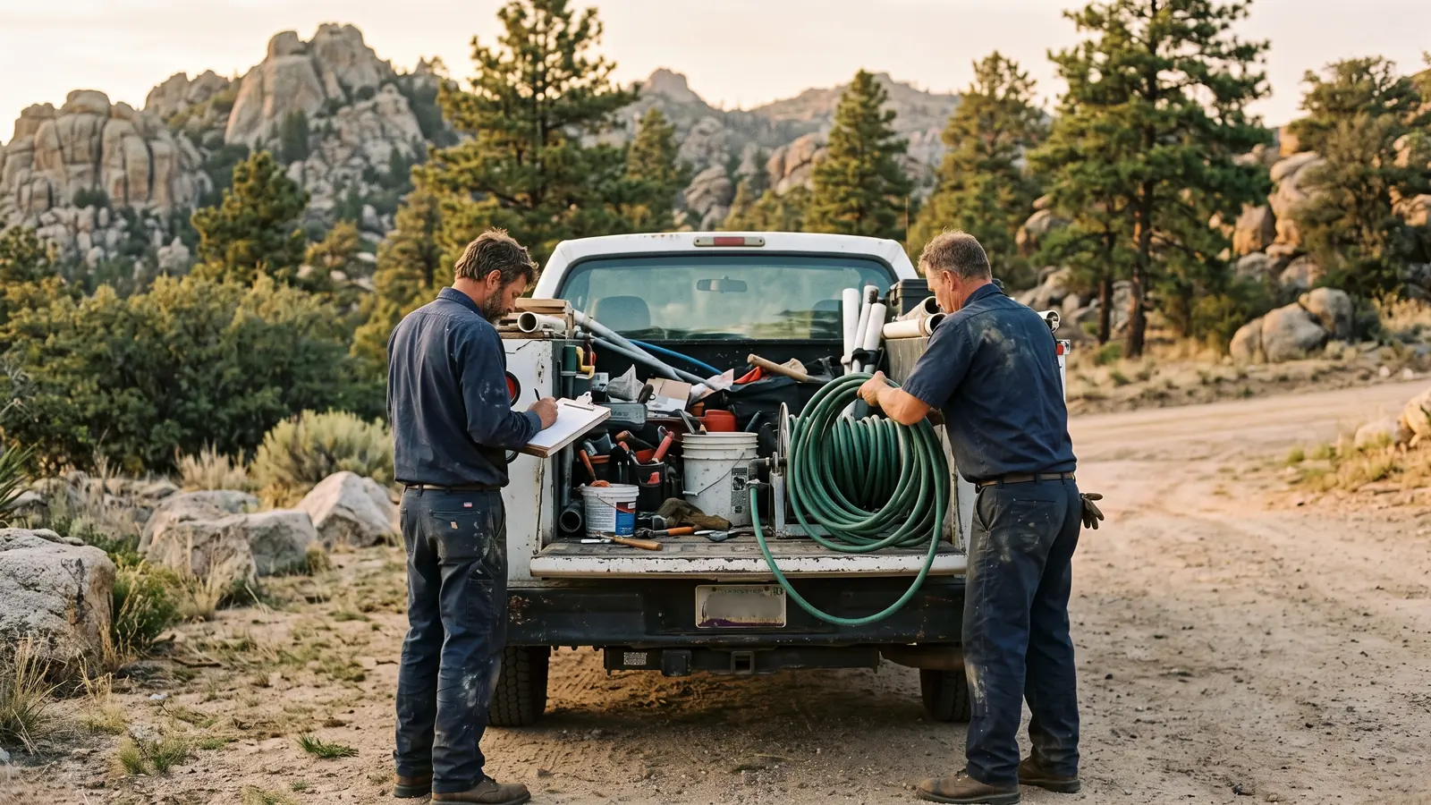 Two Prescott Plumbing technicians writing up a job at the tailgate of their service truck