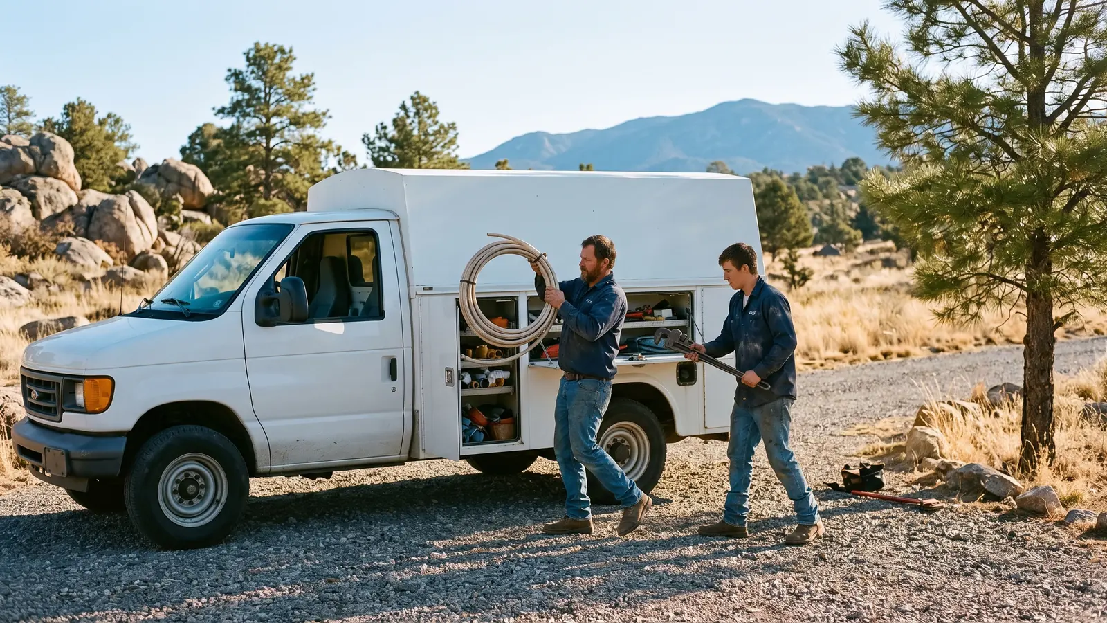 Two Prescott Plumbing technicians loading pipe and a wrench into a service truck on a gravel drive