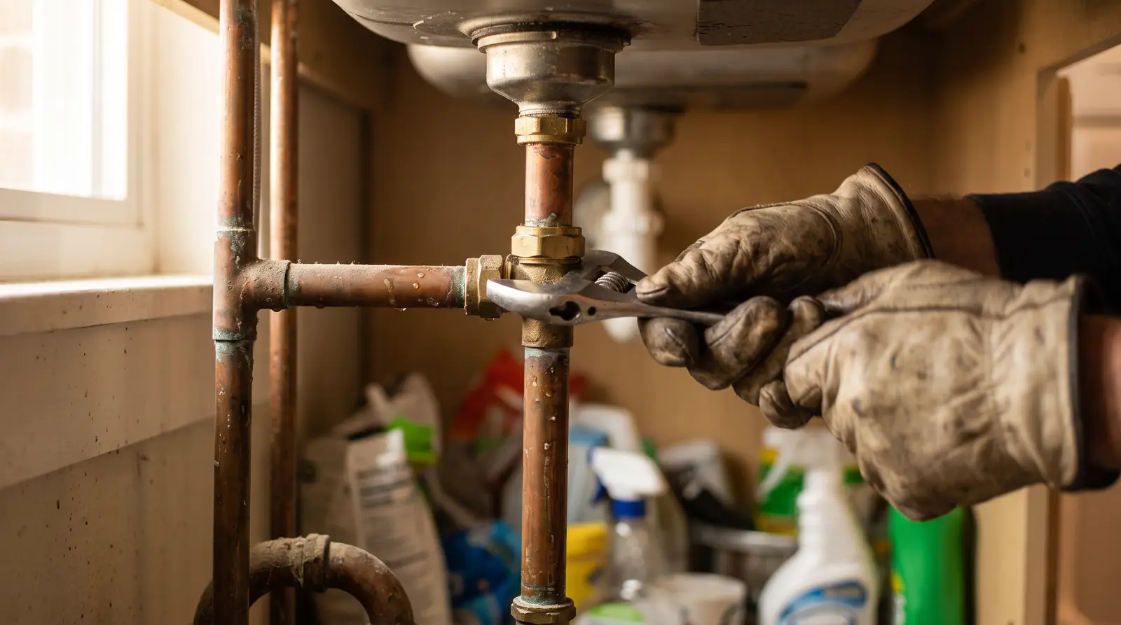 Gloved hands tightening a copper supply line under a sink