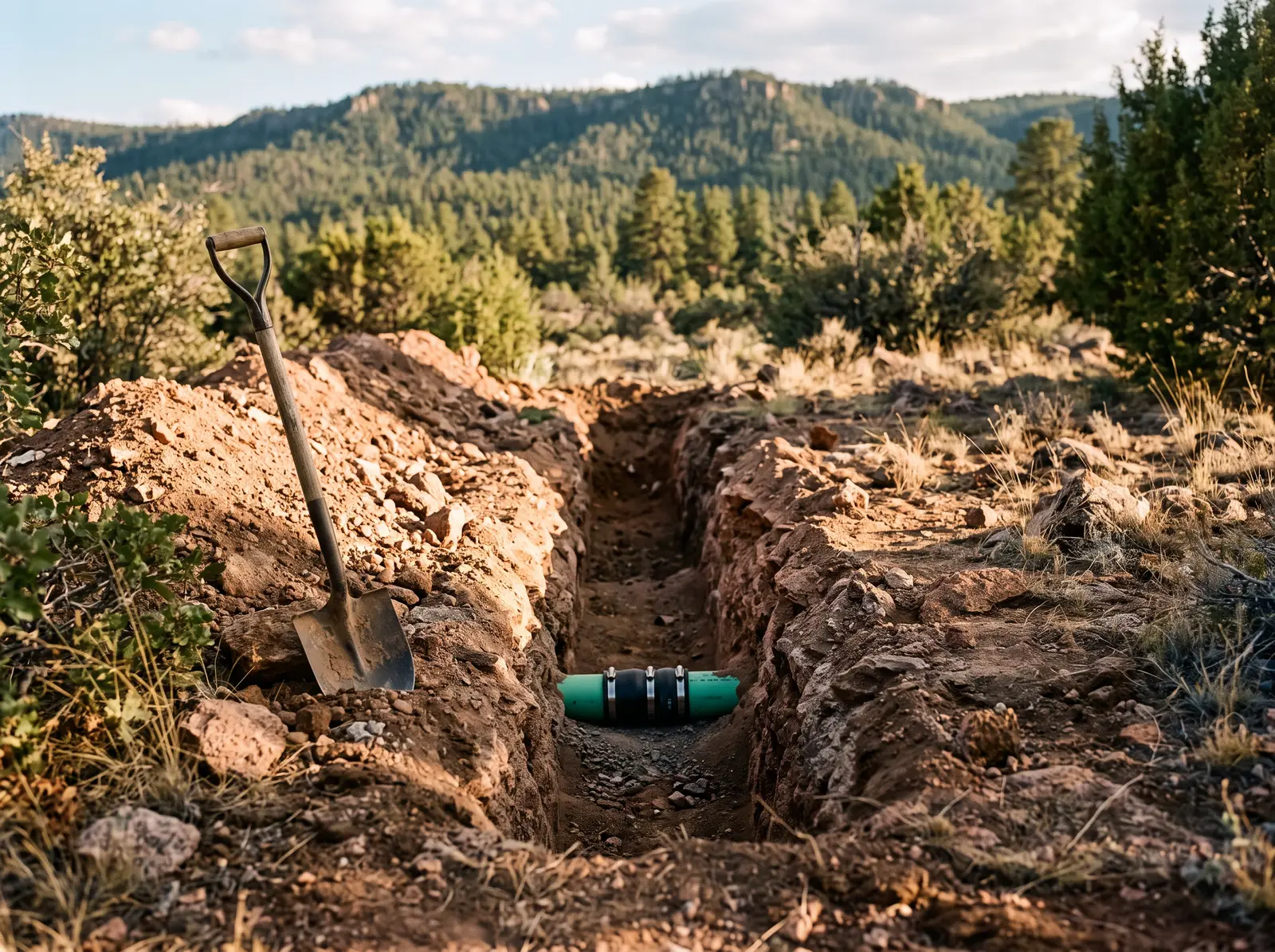 An open trench over a repaired sewer line in dry Arizona soil