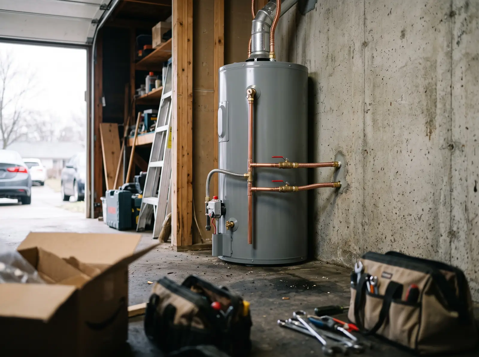 A replacement gas water heater set in a residential garage